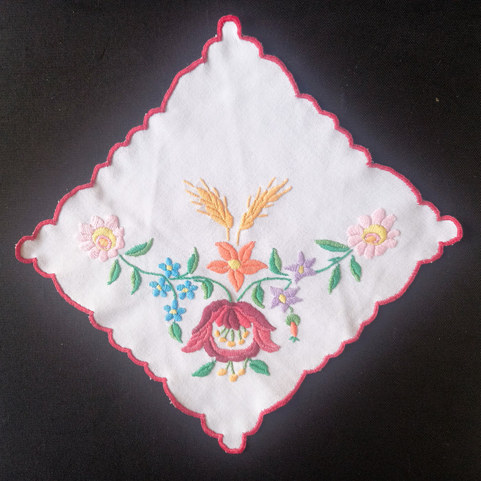 Vintage Hungarian Kalocsa Doily Hand-Embroidered Flowers & Wheat 1970-80s