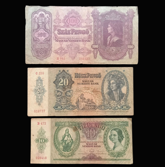 Three vintage Hungarian banknotes from the Magyar Nemzeti Bank arranged vertically on a dark textured background, showing denominations 100, 20, and 10 pengo.
