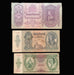 Three vintage Hungarian banknotes from the Magyar Nemzeti Bank arranged vertically on a dark textured background, showing denominations 100, 20, and 10 pengo.
