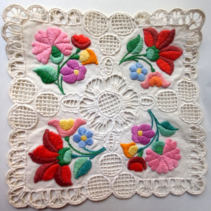 Vintage Hungarian Kalocsa Doilies 2 Hand-Embroidered Richelieu Heirlooms 1970s