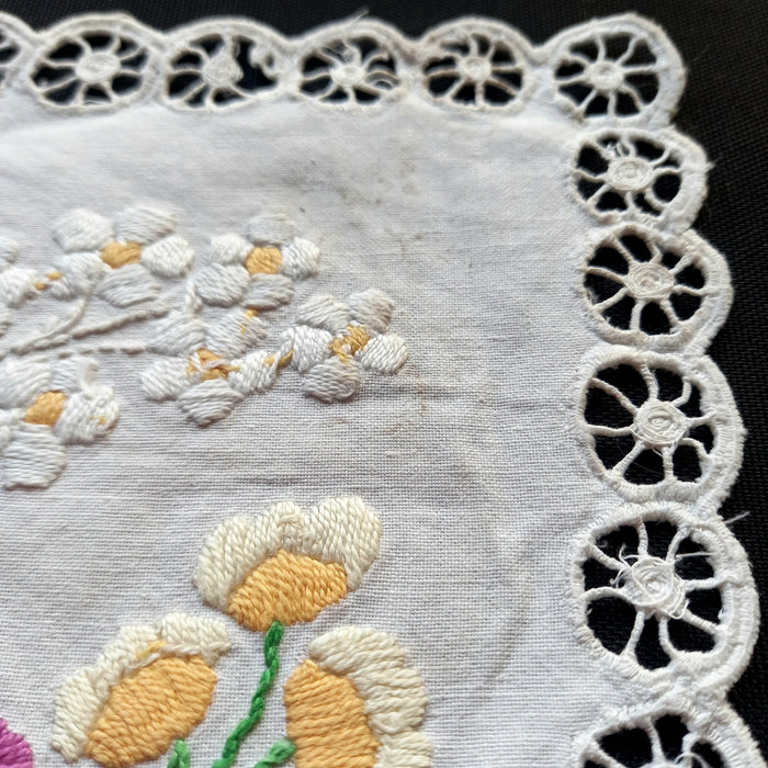 Vintage Hungarian Kalocsa Doily Hand Embroidered Pastel Floral Square 1970s