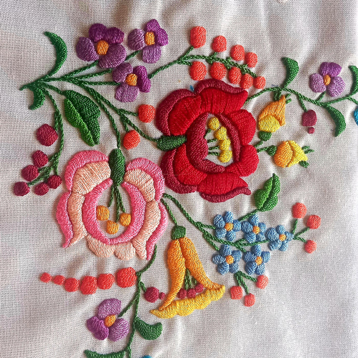 Vintage Hungarian Kalocsa Set Superb Hand Embroidered Floral Table Topper & Doily Mat 1970s