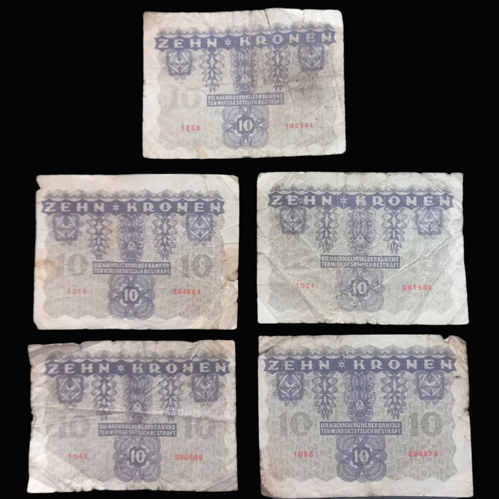 Antique Banknote 1922 Austria 10 Zehn Kronen Paper Money Collection Historic WWI 5pc Set