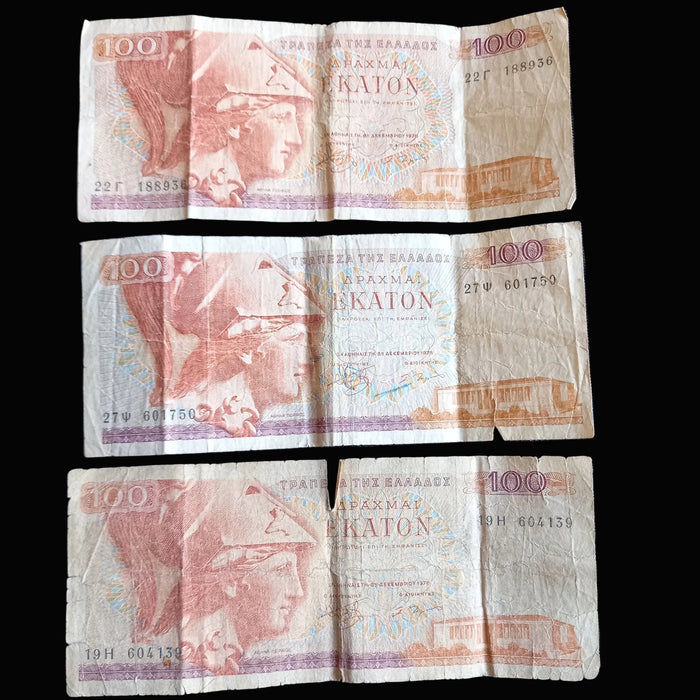 Vintage Banknote 1978 Greece 100 Drachmai 3pc Set Athena Goddess Paper Money Verified