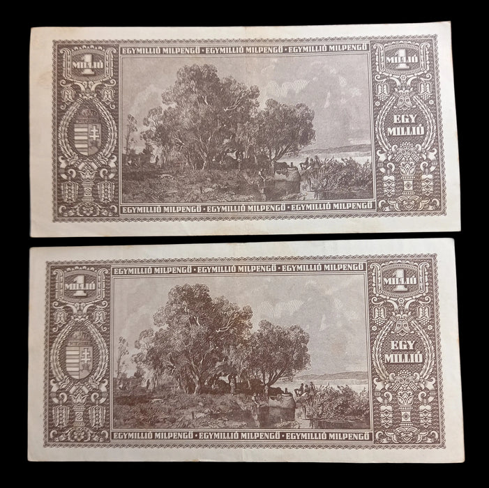 1946 Hungary Banknote One Million Milpengo Pair Trillion Pengo Hyperinflation Choice VF