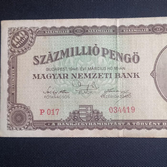 Vintage Banknote 1946 Hungary 100 Millió Pengő Girl Parliament Hyperinflation Art