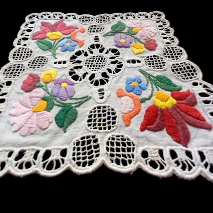 Vintage Hungarian Kalocsa Doilies 2 Hand-Embroidered Richelieu Heirlooms 1970s