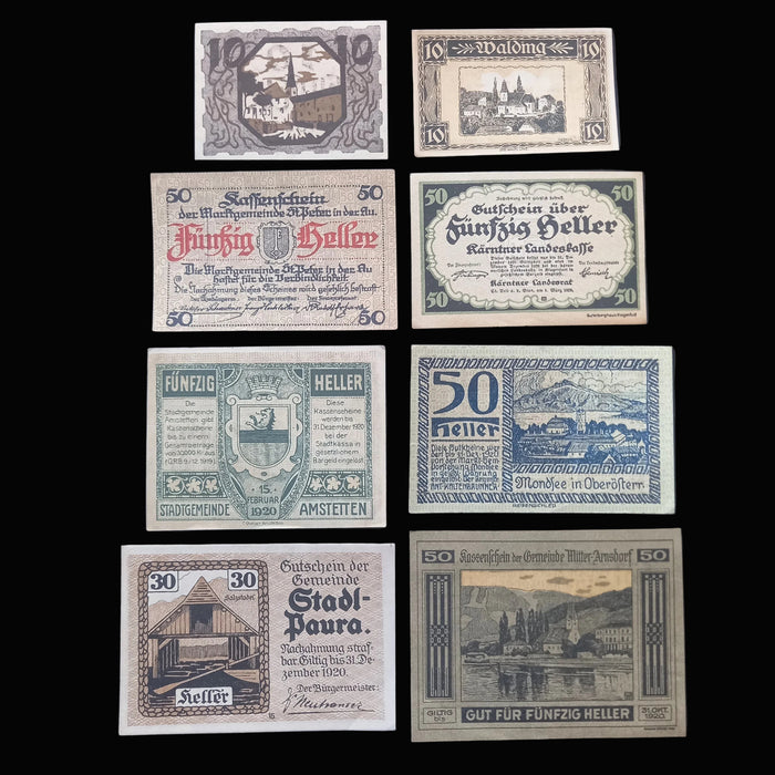 Antique Banknote Notgeld 1920 High Grade Heritage 8pc Set Emergency Paper Heller Money