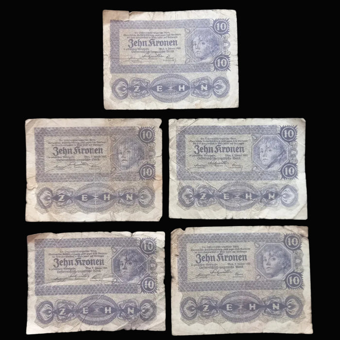 Antique Banknote 1922 Austria 10 Zehn Kronen Paper Money Collection Historic WWI 5pc Set