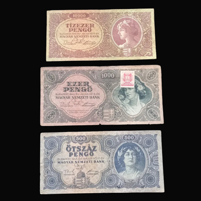 Vintage Banknote 1945 Hungary Pengő 3pc Set Lady Portrait Hyperinflation Currency Europe