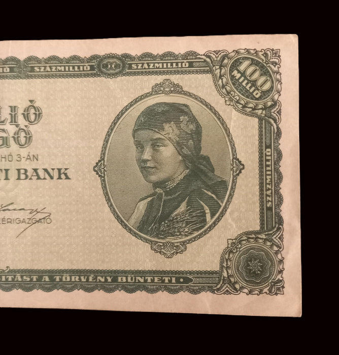 Vintage Banknote 1946 Hungary Százmillió Milpengő Premium 100 Million Hyperinflation Money XF