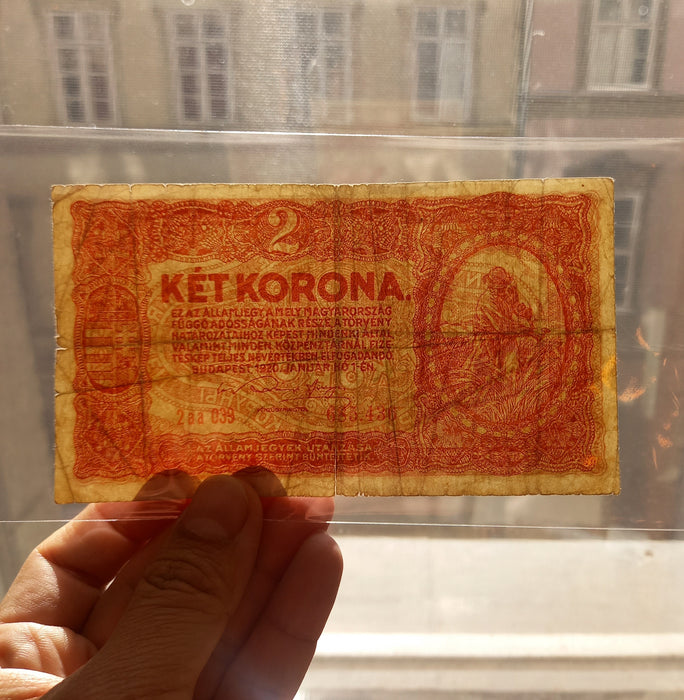 1920 Hungary Banknote 2 Korona Antique Post-WWI Imperial Reaper Vignette Két Bill