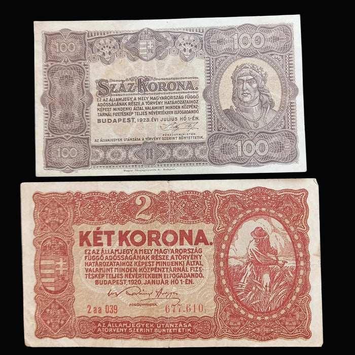 Antique Banknote 1920-1923 Hungary Korona 2 100 Szaz Ket Post-WWI Socialist Monarchy