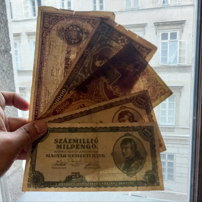Vintage Banknote 1945-46 Hungary Pengő Milpengő 5pc Set 100 Trillion Hyperinflation Progression