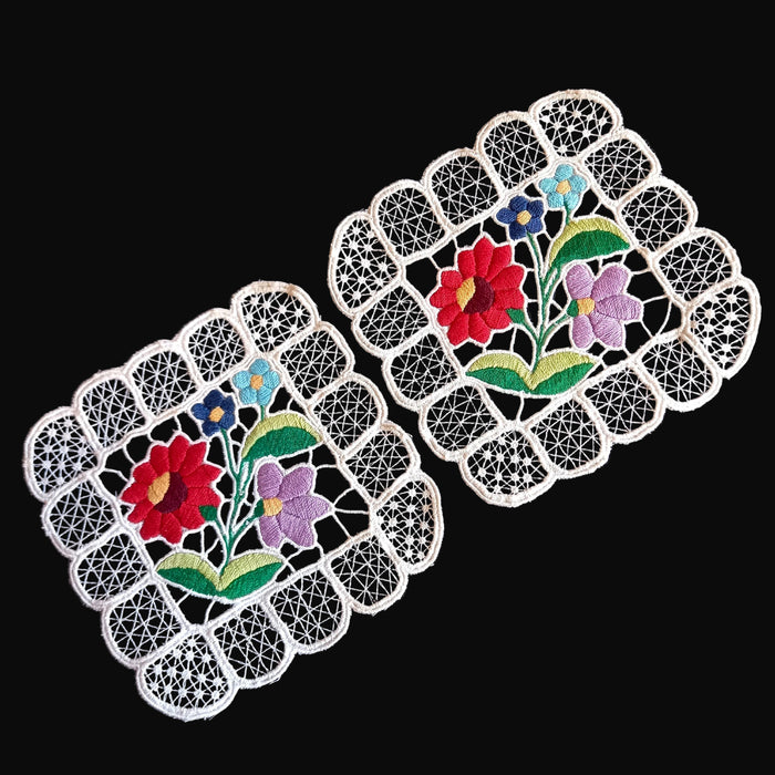 Vintage Hungarian Kalocsa Doilies 2 Hand-Embroidered Richelieu Square Set 1970-80s
