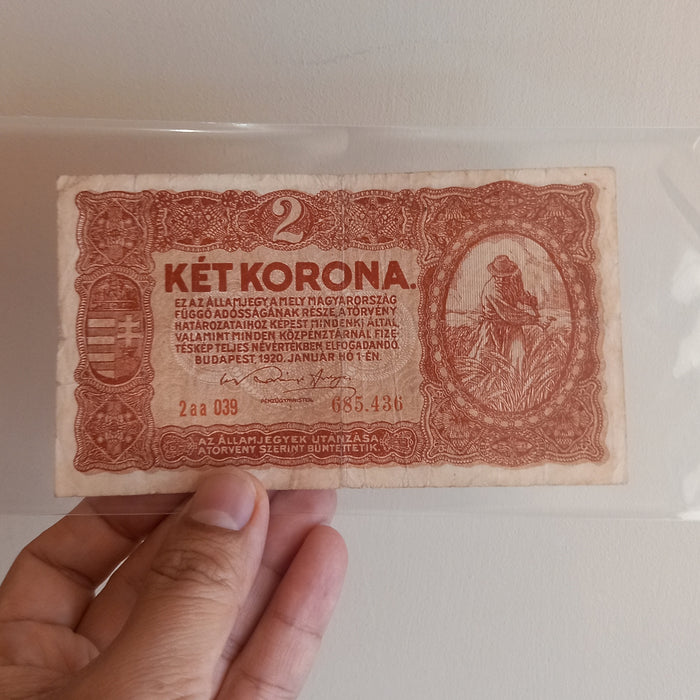 1920 Hungary Banknote 2 Korona Antique Post-WWI Imperial Reaper Vignette Két Bill