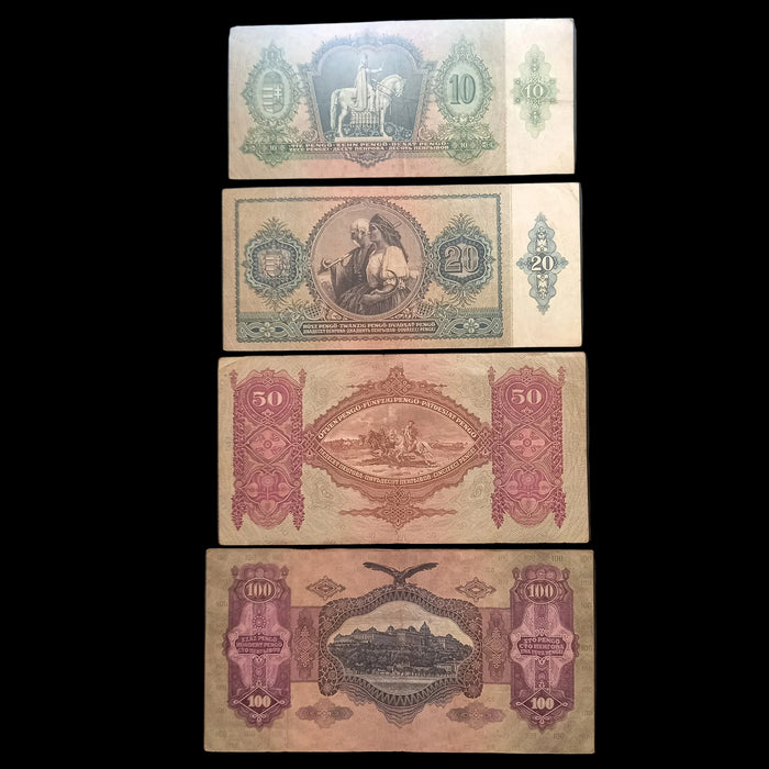 Vintage Banknote 1930-1941 Hungary Pengő 4pc Set 10 20 50 100 Old Paper Money Excellent