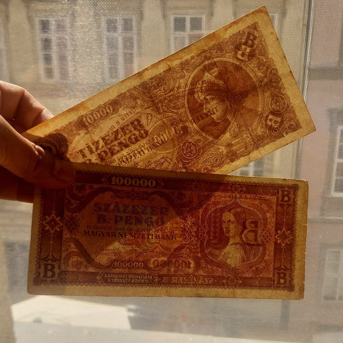 Vintage Banknote 1946 Hungary B-Pengő Set 100 Quadrillion Pengő Hyperinflation Post WWII Money