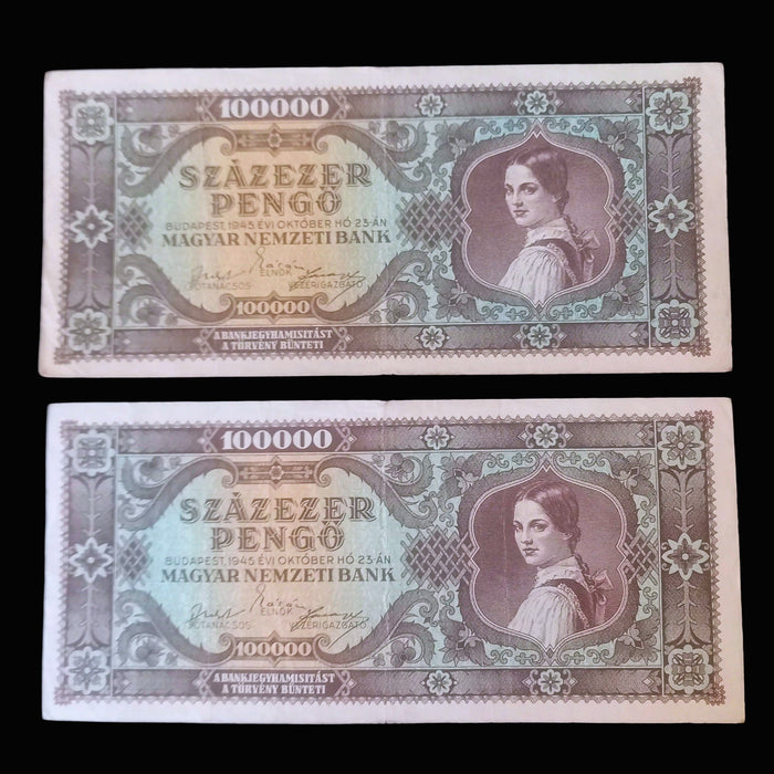 Vintage Banknote 1945 Hungary 100K Százezer Pengő Pair Matching M-Series Lucky 888 Triplet Serial