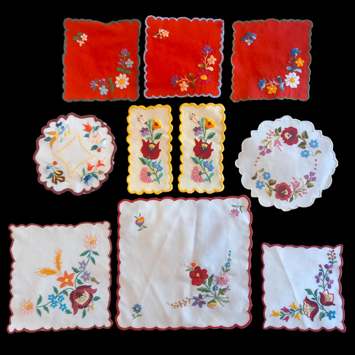 Vintage Hungarian Kalocsa Doily 10pc Set Hand Embroidered Colorful Table Assortment 1970s