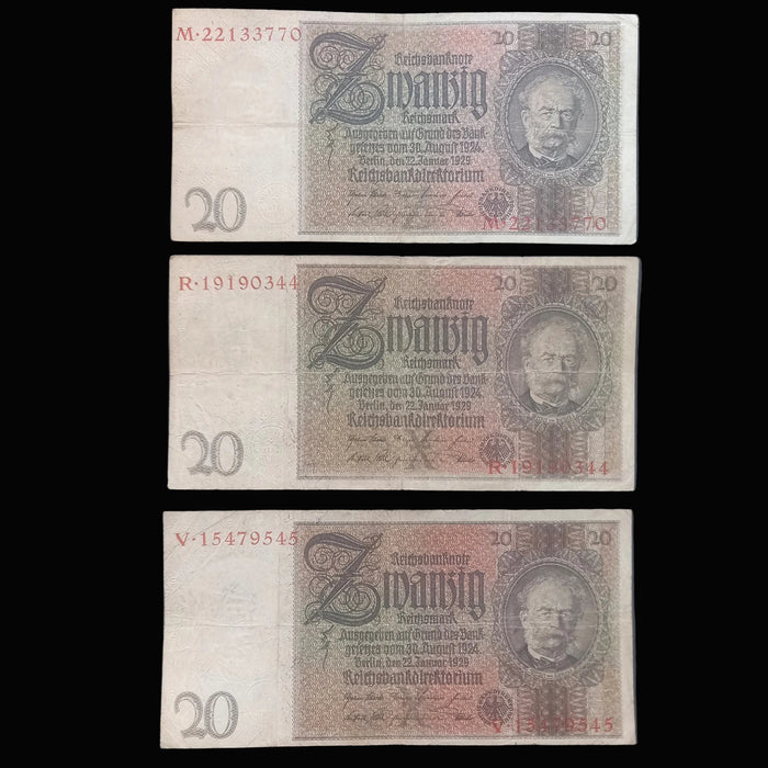 Antique Banknote 1929 Germany 20 Reichsmark Choice 3pc Set Authentic Interwar Money