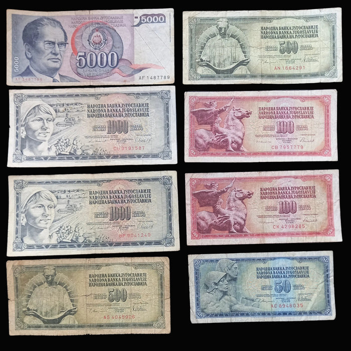 Vintage Banknote 1978-86 Yugoslavia Dinar 50 100 500 1K 5K Tito Socialist Currency 8pc Set