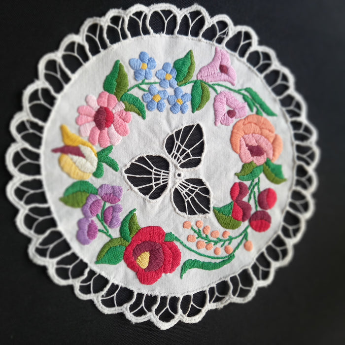 Vintage Hungarian Kalocsa Floral Doily Hand Embroided Richelieu Art 1970s
