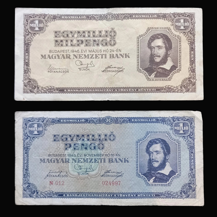 1945-46 Hungary Banknote 1 Trillion & Million Pengo Milpengo Lajos Kossuth Set