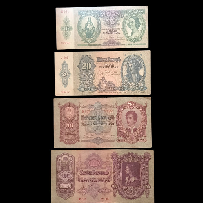 Vintage Banknote 1930-1941 Hungary Pengő 4pc Set 10 20 50 100 Old Paper Money Excellent