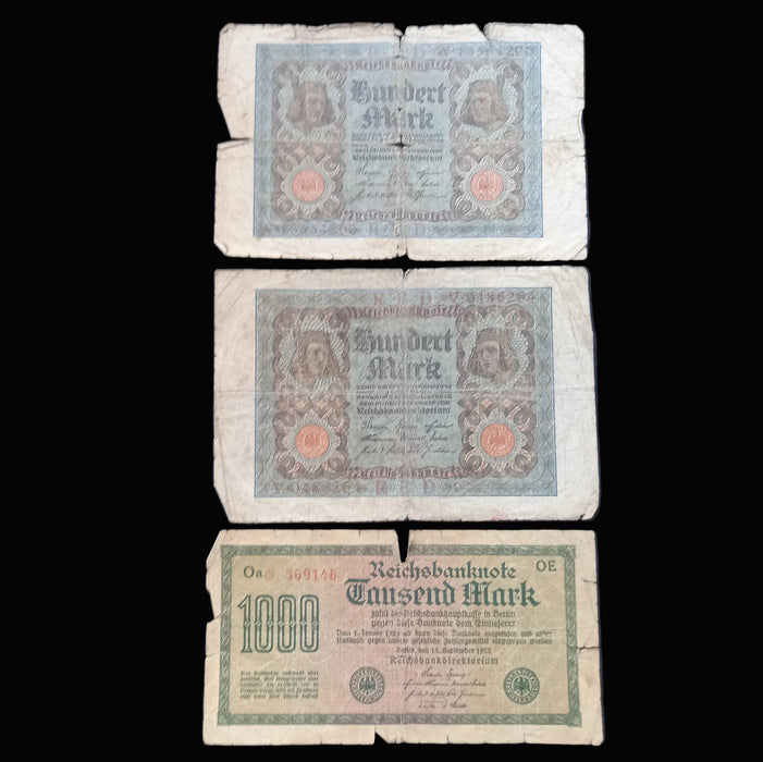 Antique Banknote 1920-1922 Germany Mark 100 1000 Weimar Republic 3pc Set Hyperinflation Money