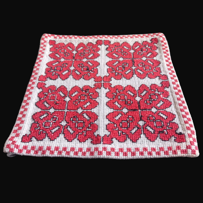 Vintage Hungarian Folk Art Doily Red Knots Handmade Cross Stitch Rustic Bereg 1960s