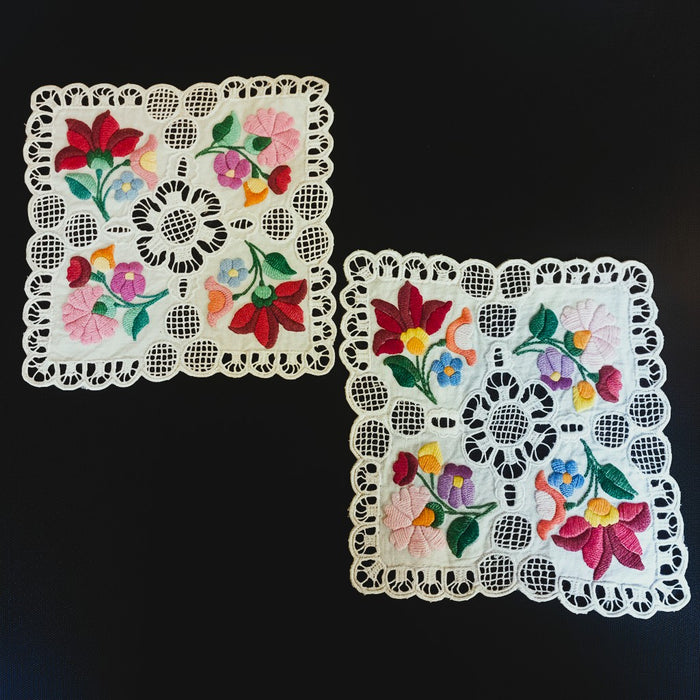Vintage Hungarian Kalocsa Doilies 2 Hand-Embroidered Richelieu Heirlooms 1970s