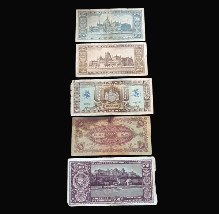 Vintage Banknote 1945-46 Hungary Pengő Milpengő 5pc Set 100 Trillion Hyperinflation Progression