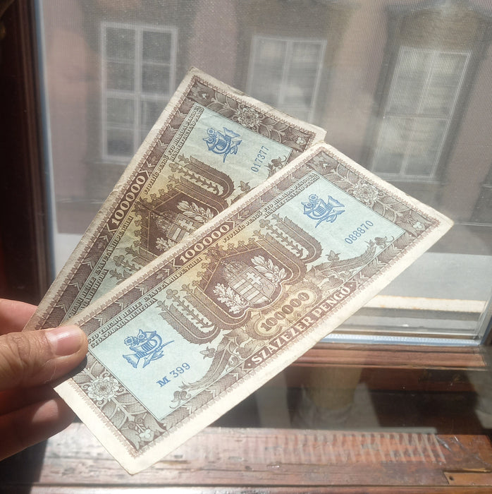 Vintage Banknote 1945 Hungary 100K Százezer Pengő Pair Matching M-Series Lucky 888 Triplet Serial