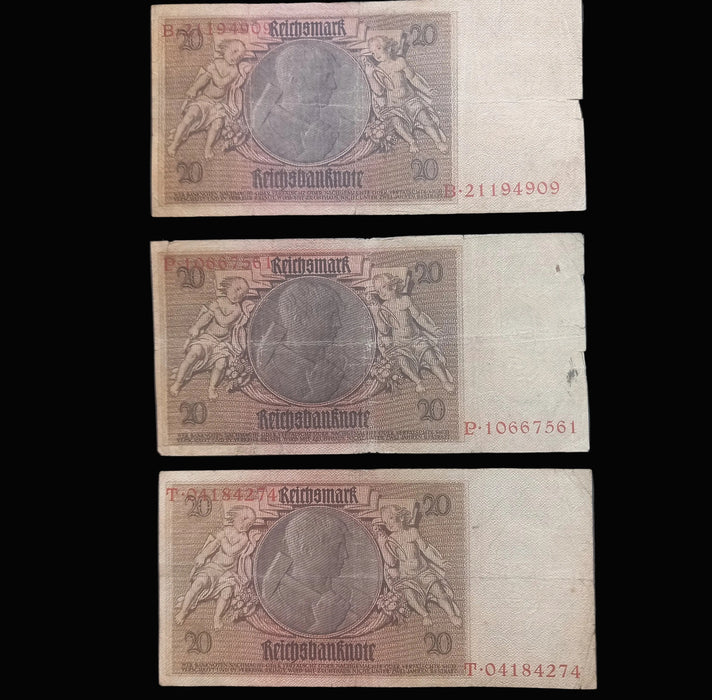 Antique Banknote 1929 Germany 20 Reichsmark Money Weimar Republic Currency 3pc Set
