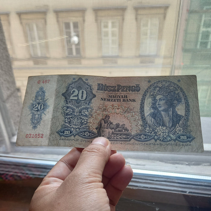 A hand holding a vintage Hungarian 20 Forint banknote in front of a window.