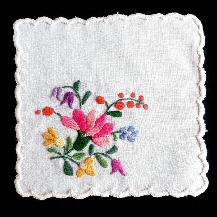Vintage Hungarian Kalocsa Doilies Set of 6 Hand Embroidered Cocktail Napkins 1970-80s
