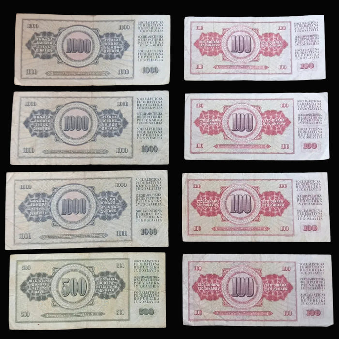 Vintage Banknote 1978-86 Yugoslavia Dinar 100 500 1K Tesla Peace Socialist Currency 8pc Set
