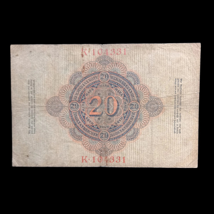 1910 Germany 20 Mark Reichsbanknote Antique Banknote Rare 6-Digit Serial Variety