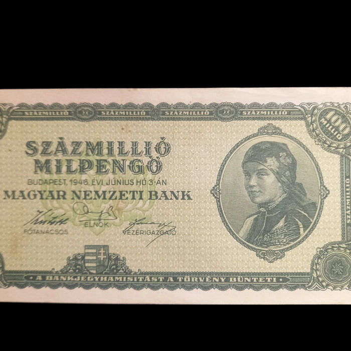 1946 Hungary Banknote 100 Million Milpengo Trillion Pengo Hyperinflation UNC Toned