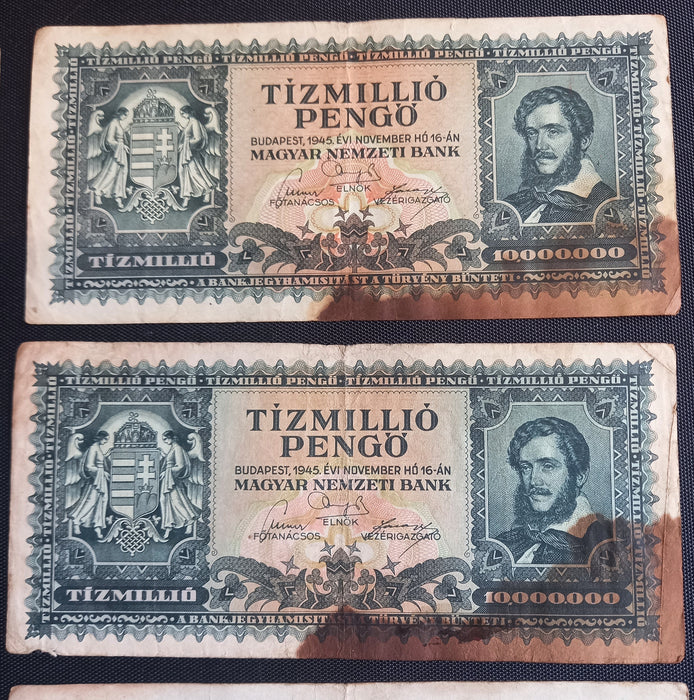 Vintage Banknote 1945 Hungary 10,000,000 Tízmillió Pengő 8-Note WWII Survivor Set