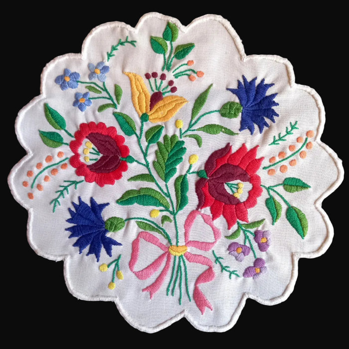 Embroidered floral design kalocsa doily with colorful flowers on a black background