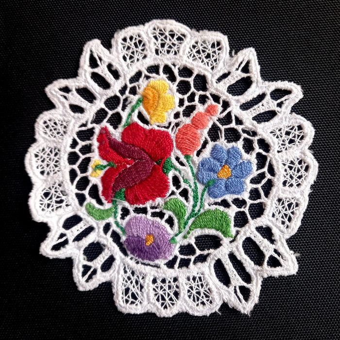 Vintage Hungarian Kalocsa Doily Hand-Embroidered Richelieu Lace Coaster 1970s