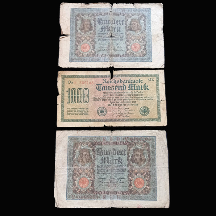 Antique Banknote 1920-1922 Germany Mark 100 1000 Weimar Republic 3pc Set Hyperinflation Money