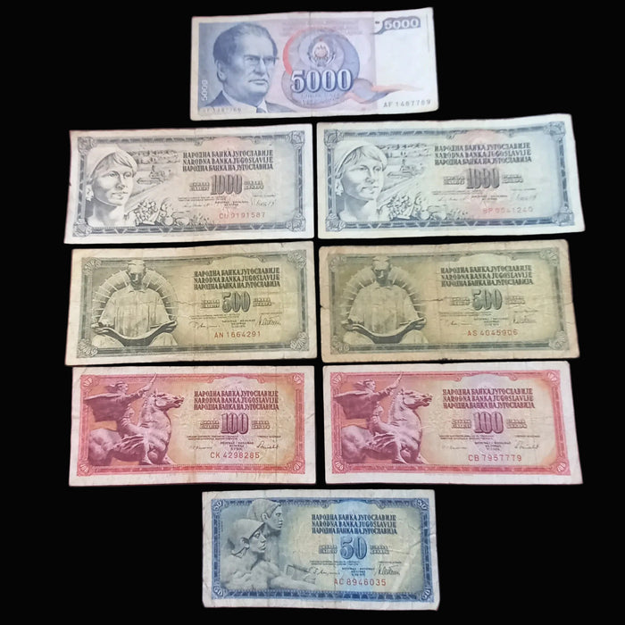 Vintage Banknote 1978-86 Yugoslavia Dinar 50 100 500 1K 5K Tito Socialist Currency 8pc Set