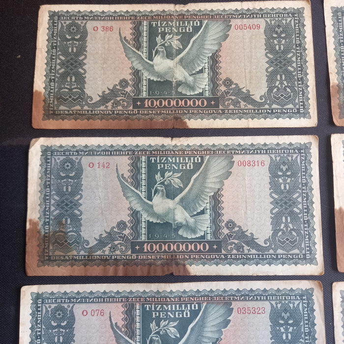 Vintage Banknote 1945 Hungary 10,000,000 Tízmillió Pengő 8-Note WWII Survivor Set