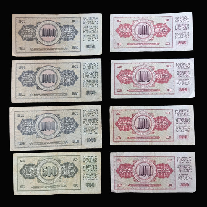 Vintage Banknote 1978-86 Yugoslavia Dinar 100 500 1K Tesla Peace Socialist Currency 8pc Set