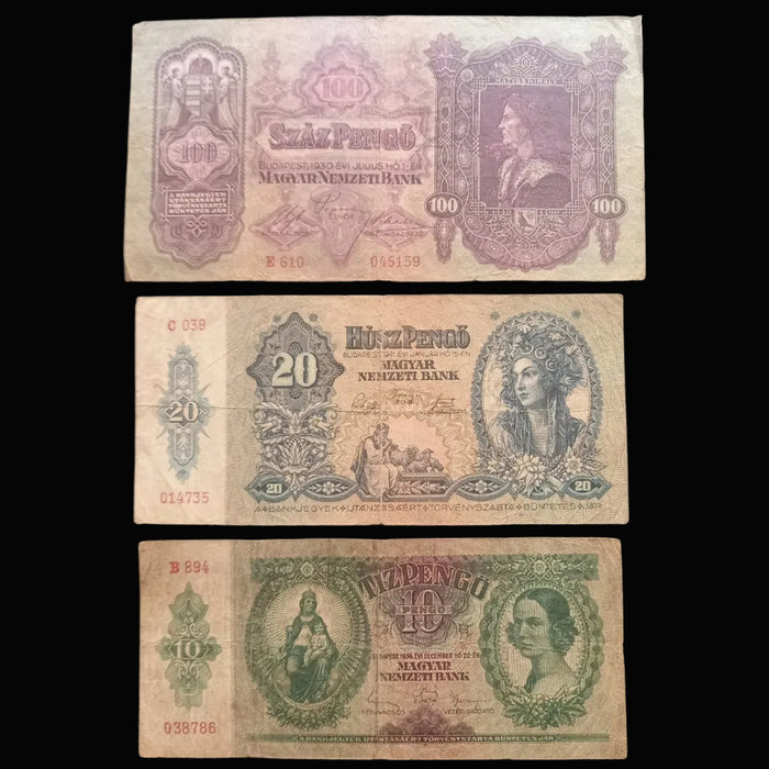Vintage Banknote 1930-1941 Hungary Pengő 3pc Set Tíz Húsz Száz 10 20 100 Progression Bills