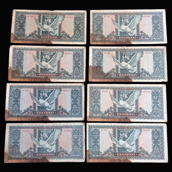 Vintage Banknote 1945 Hungary 10,000,000 Tízmillió Pengő 8-Note WWII Survivor Set