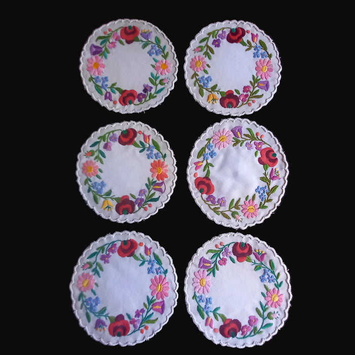 Hungarian Vintage Doily Set of 6 Vivid Hand-Embroidered Floral Folk Art 1970-80s
